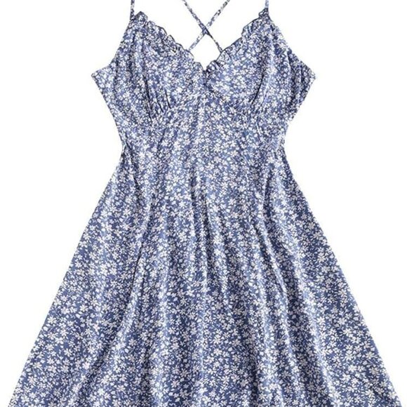 Women's Floral Mini Dress Spaghetti Strap V-Neck Ruffled A-Line Summer - Picture 5 of 6